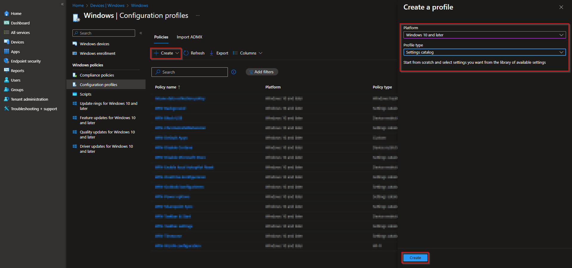 Creating a new configuration profile and selecting Settings catalog